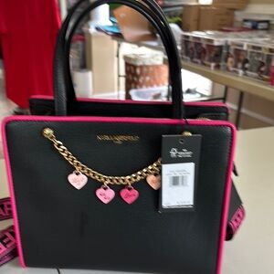 Karl Lagerfeld Black and Pink Satchel with Chain Charm
